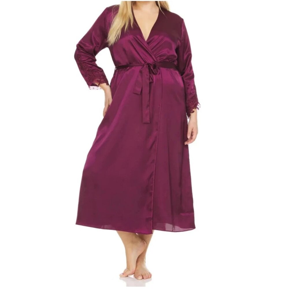 Flora by Flora Nikrooz Women's Plus Size Satin Stella Robe, Bordeaux Red, 1X